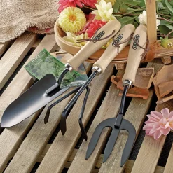 Carbon Steel Hand Fork, Cultivator and Trowel with Hardwood Handles