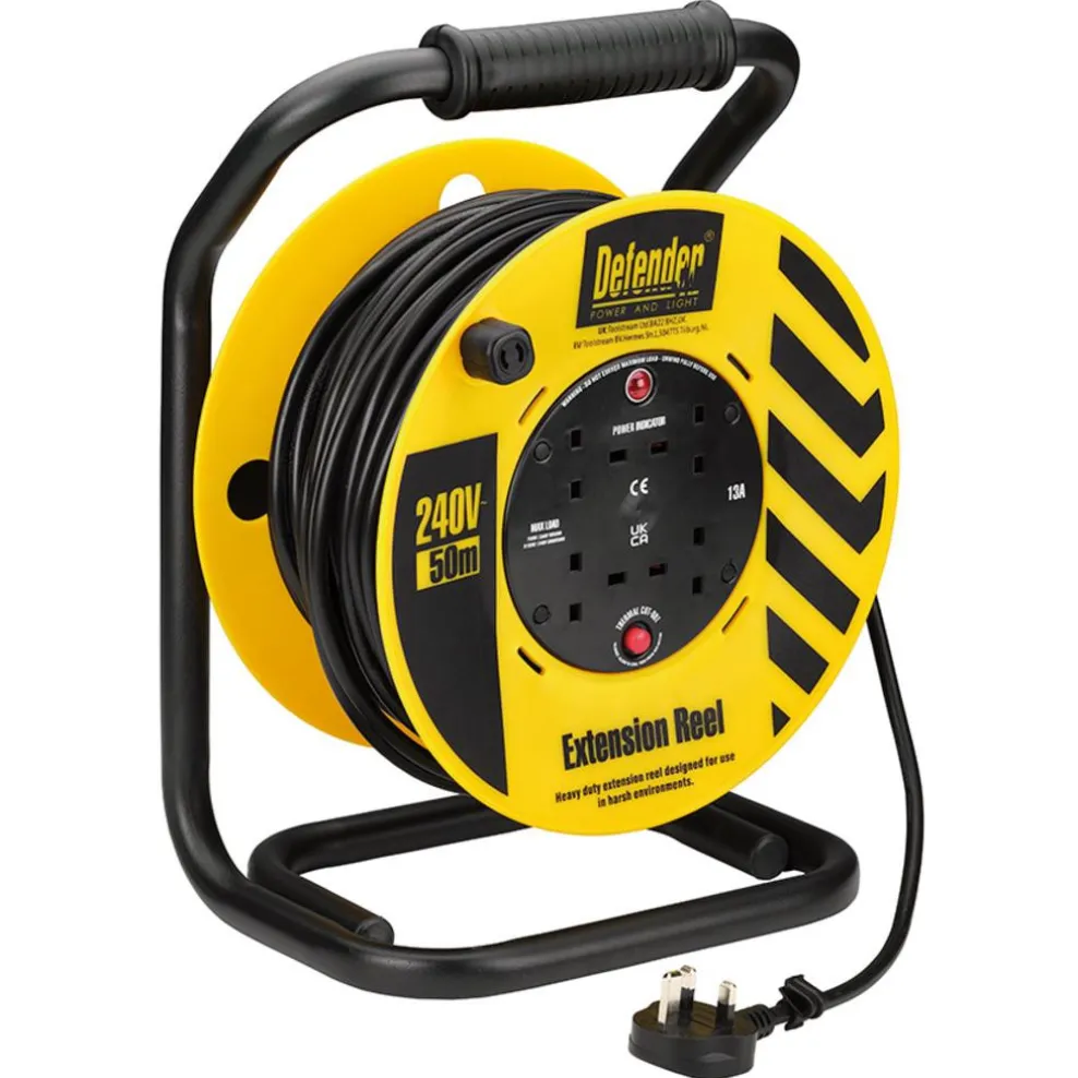 Defender E86515 230V 4-Way Industrial Trade Cable Extension Reel, 50m
