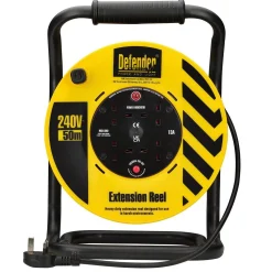 Defender E86515 230V 4-Way Industrial Trade Cable Extension Reel, 50m