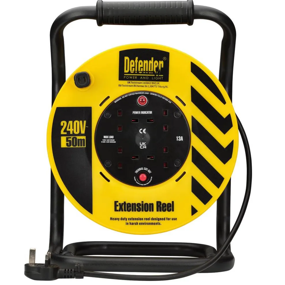 Defender E86515 230V 4-Way Industrial Trade Cable Extension Reel, 50m