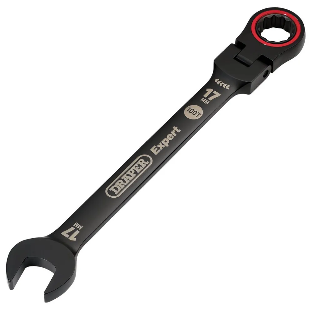 Draper Expert HI-TORQ® Metric Flexible Head Ratchet Combination Spanner, 17mm, Black