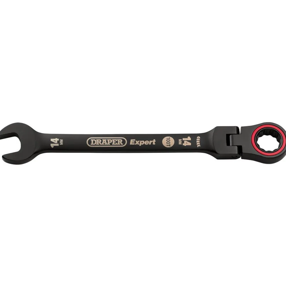 Draper Expert HI-TORQ® Metric Flexible Head Ratchet Combination Spanner, 14mm, Black