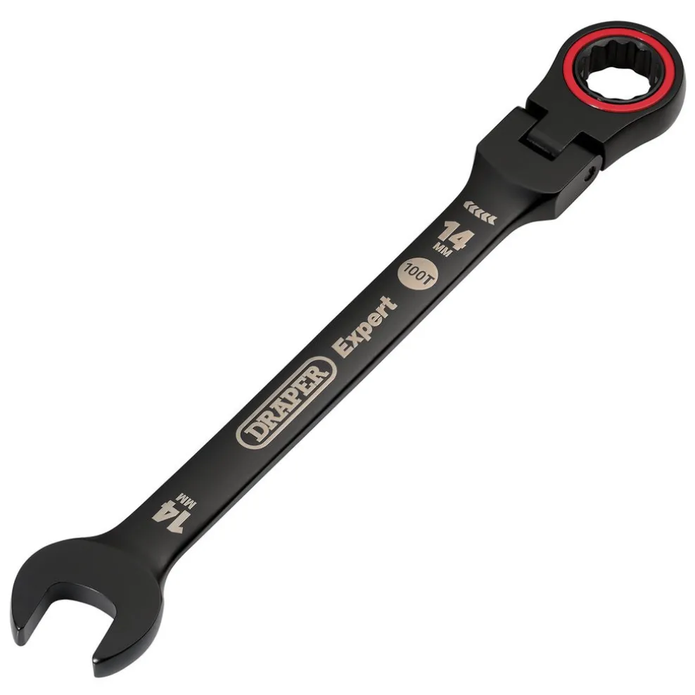 Draper Expert HI-TORQ® Metric Flexible Head Ratchet Combination Spanner, 14mm, Black