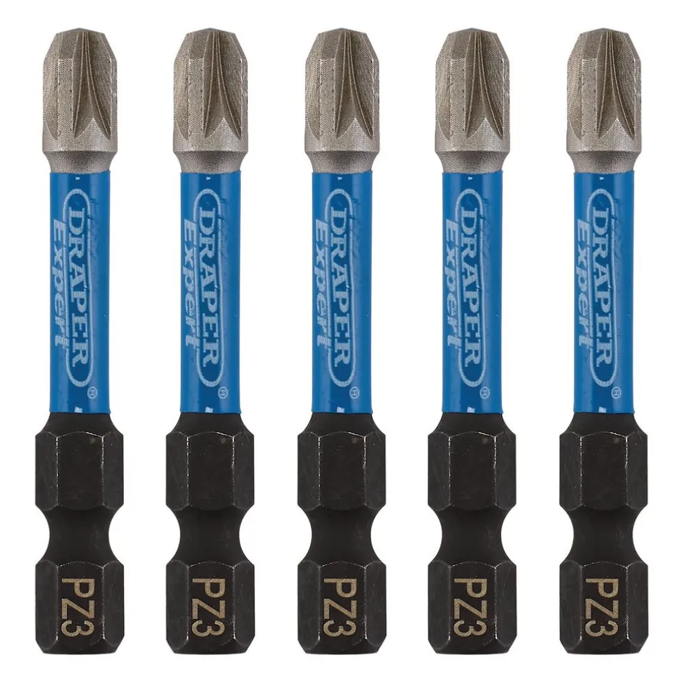Draper Expert PZ-Type Impact Screwdriver Bits, No.3 x 50mm, 1/4" Hex (Pack of 5)