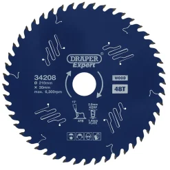 Draper Expert TCT Circular Saw Blade for Wood with PTFE Coating, 210 x 30mm, 48T