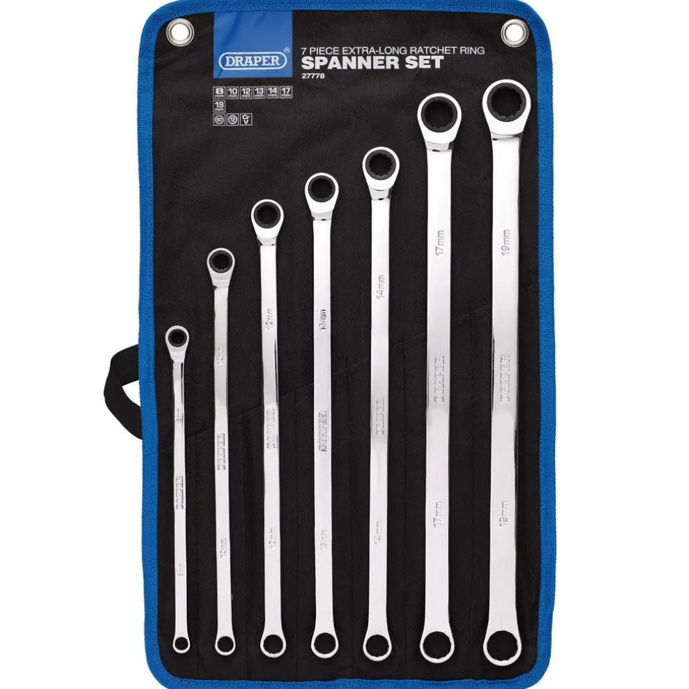 Draper HI-TORQ® Metric Extra-Long Double Ring Ratchet Spanner Set (7 Piece)