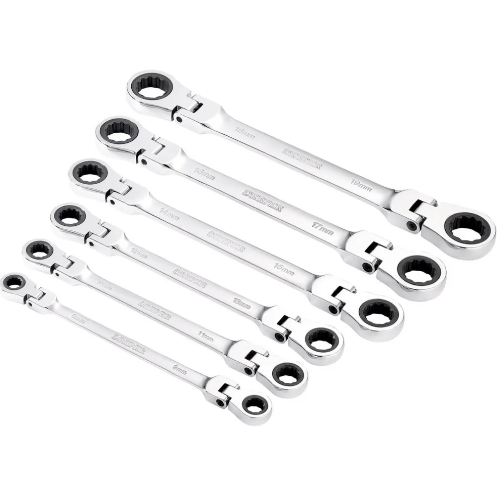 Draper HI-TORQ® Metric Flexible Head Double Ring Ratchet Spanner Set (6 Piece)