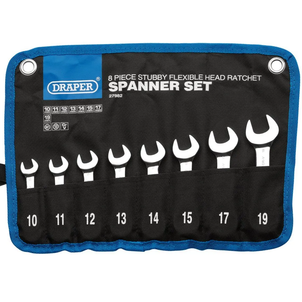 Draper HI-TORQ® Metric Stubby Flexible Head Ratchet Combination Spanner Set, 10 - 19mm (8 Piece)