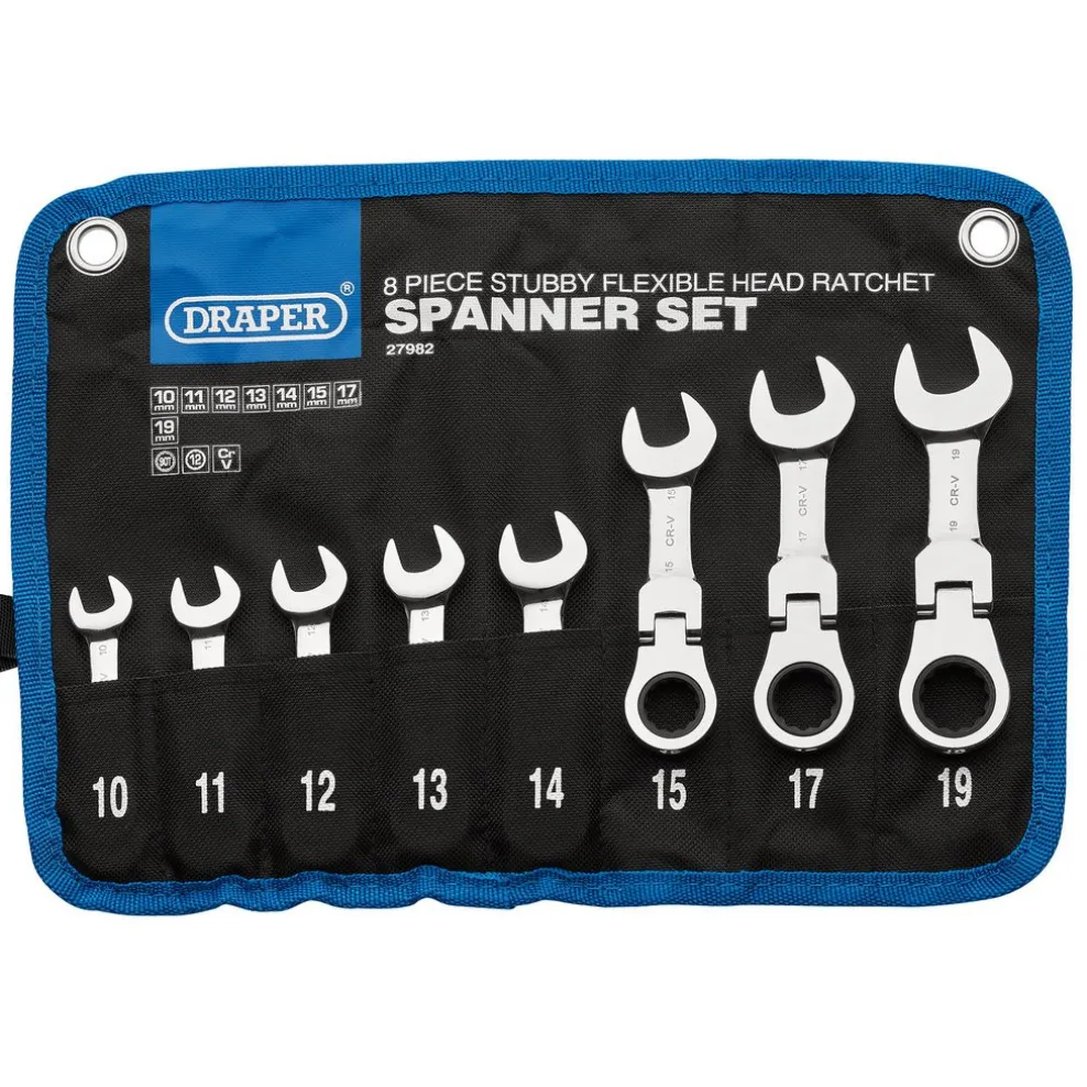 Draper HI-TORQ® Metric Stubby Flexible Head Ratchet Combination Spanner Set, 10 - 19mm (8 Piece)
