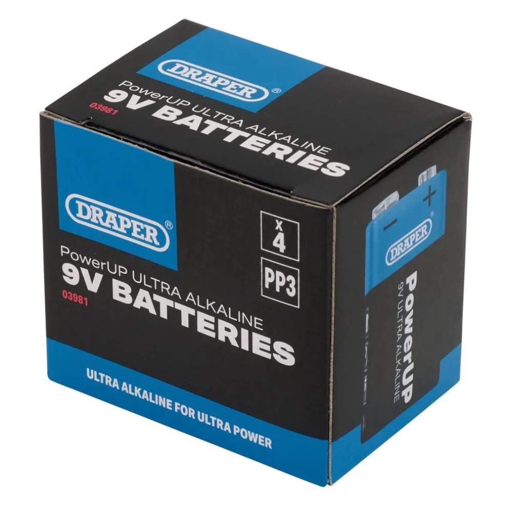Draper PowerUP Ultra Alkaline 9V Batteries (Pack of 4)