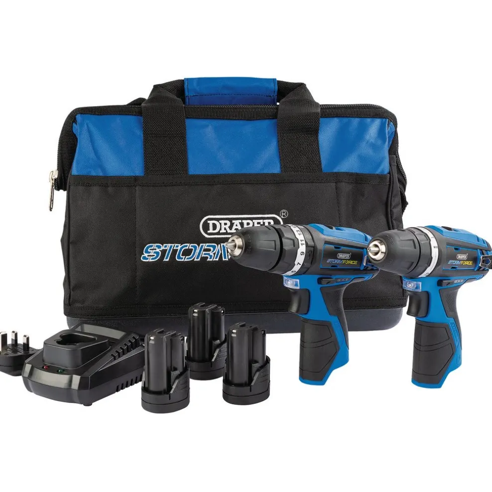 Draper Storm Force® 10.8V Power Interchange Combi Drill and Rotary Drill Twin Kit, 3 x 1.5Ah Batteries, 1 x Charger, 1 x Bag