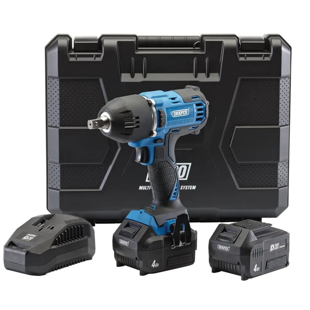 D20 20V Brushless Mid-Torque Impact Wrench, 1/2" Sq. Dr., 400Nm, 2 x 4.0Ah Batteries, 1 x Charger
