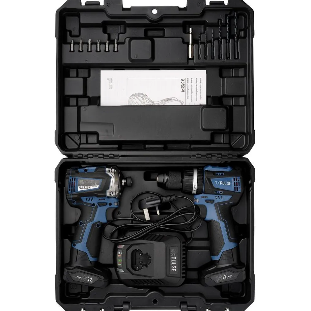 DXPULSE 12V Brushless Combi Drill & Impact Driver Kit, 1/4" Sq. Dr., 2 x 4.0Ah Batteries, 1 x Fast Charger