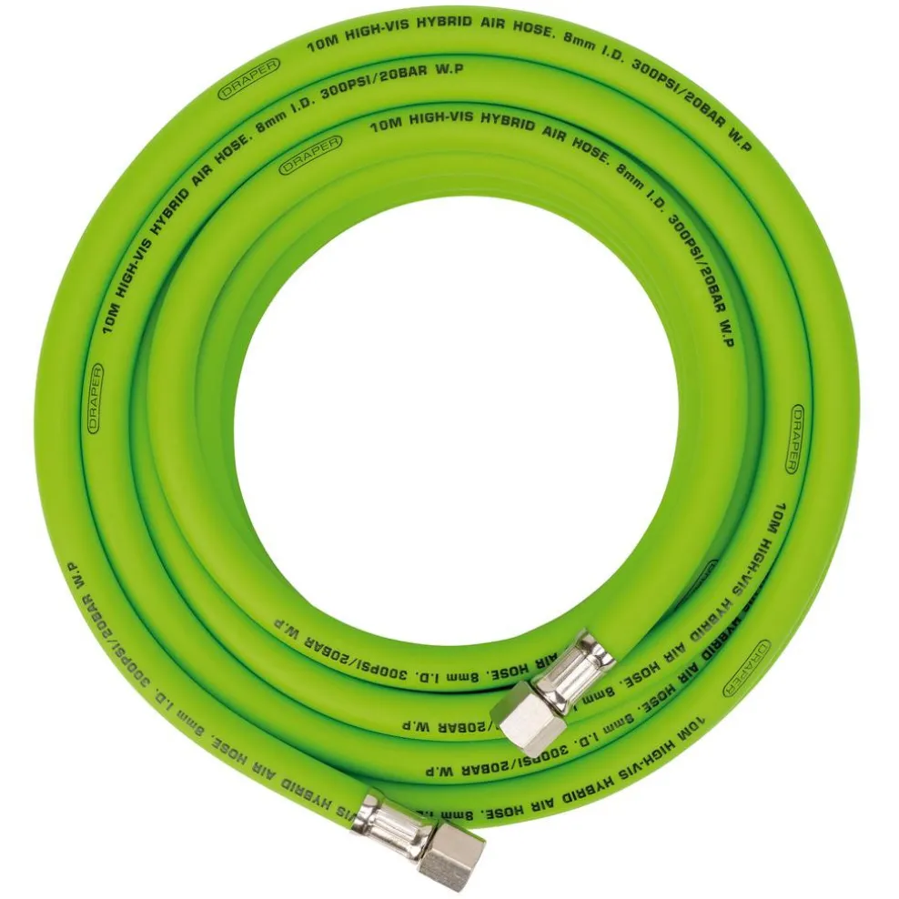 High Visibility Hybrid Air Hose, 10m x 8mm, 1/4" BSP, Green