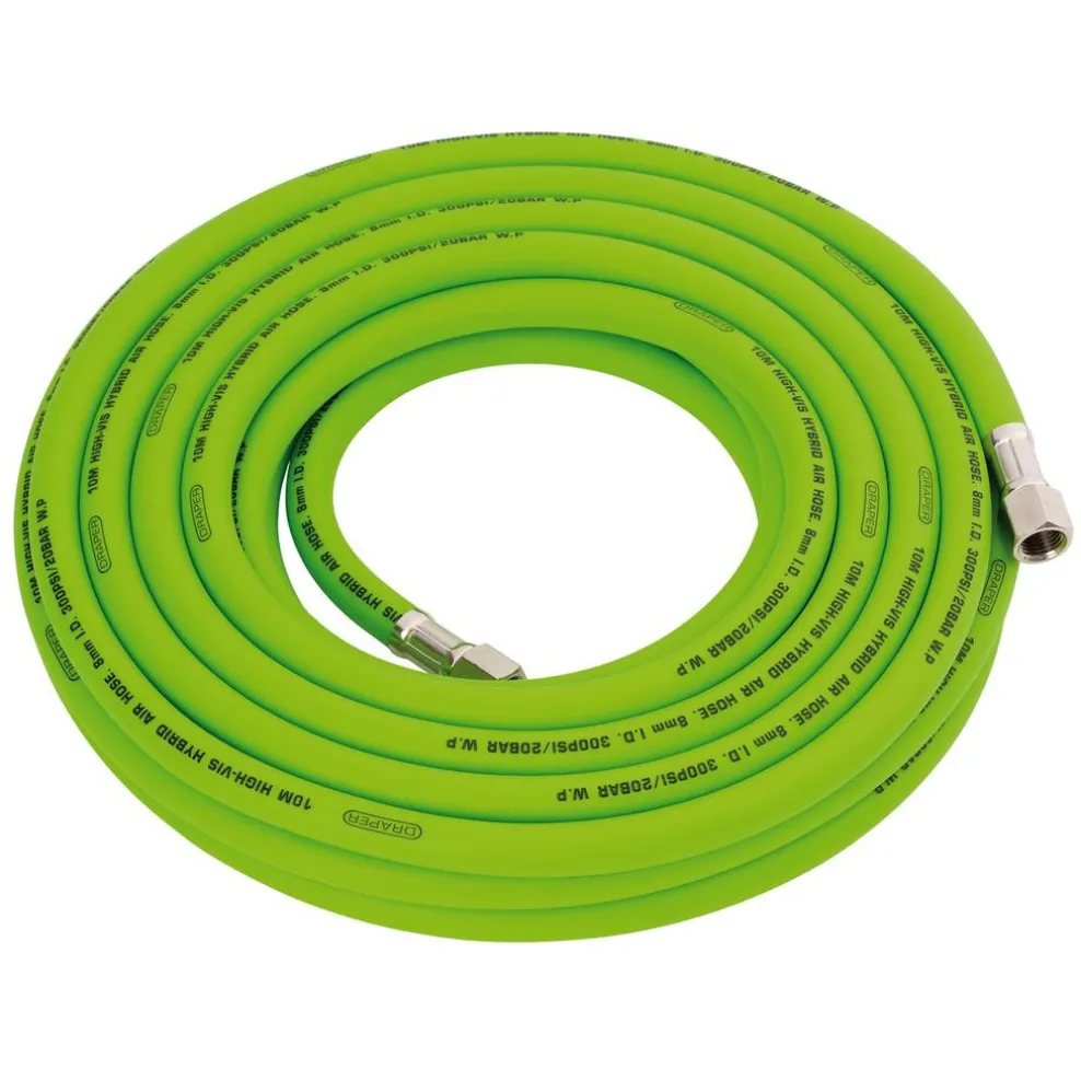 High Visibility Hybrid Air Hose, 10m x 8mm, 1/4" BSP, Green