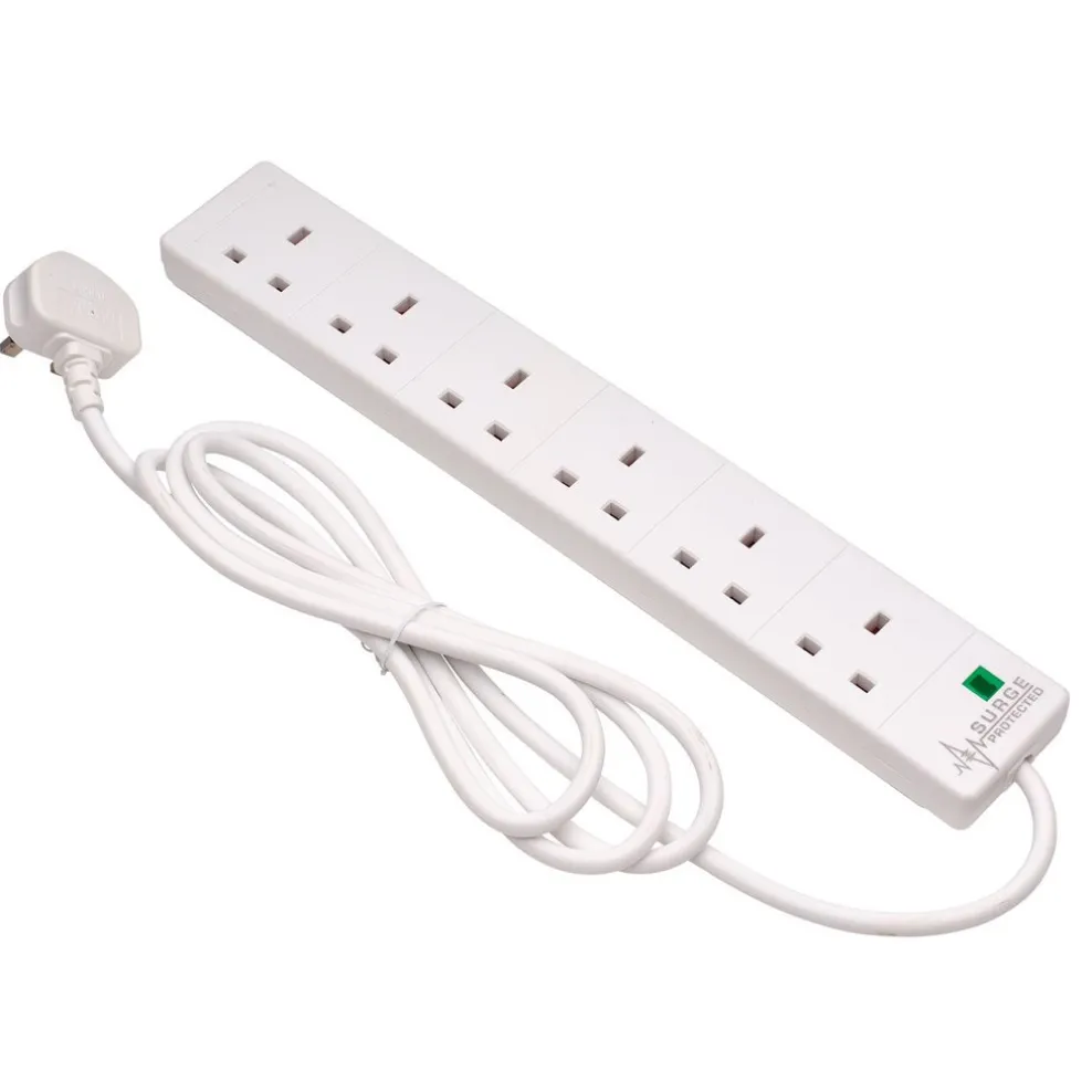 Six Socket Surge Protected Extension Lead with Neon Indicator, 2m