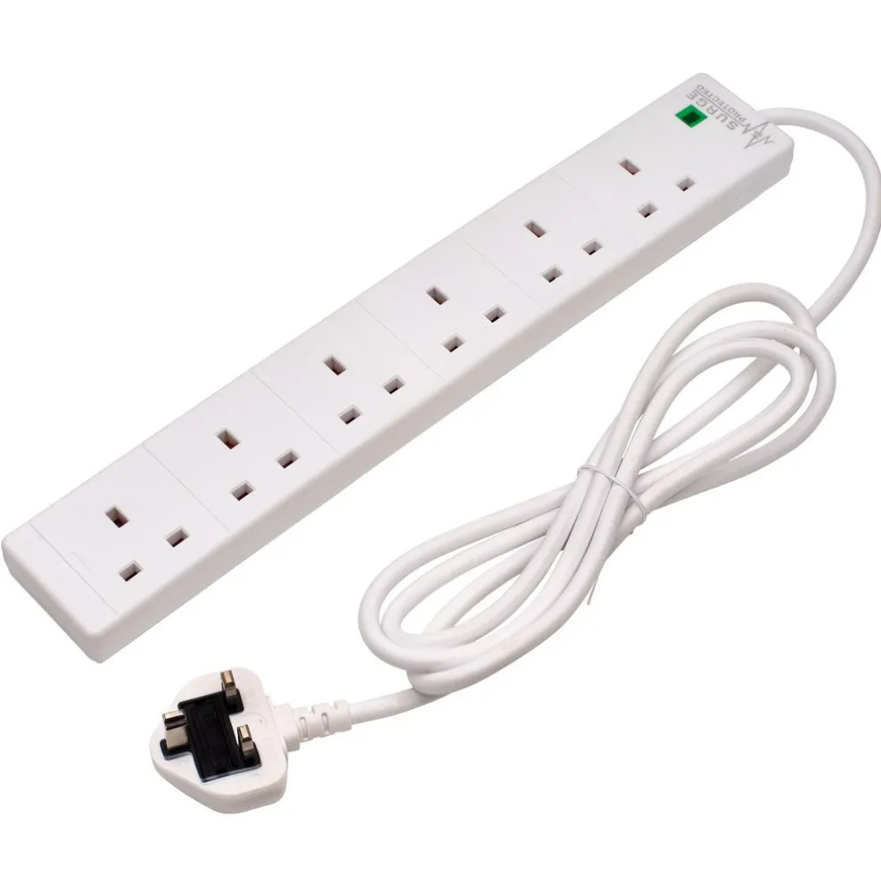 Six Socket Surge Protected Extension Lead with Neon Indicator, 2m