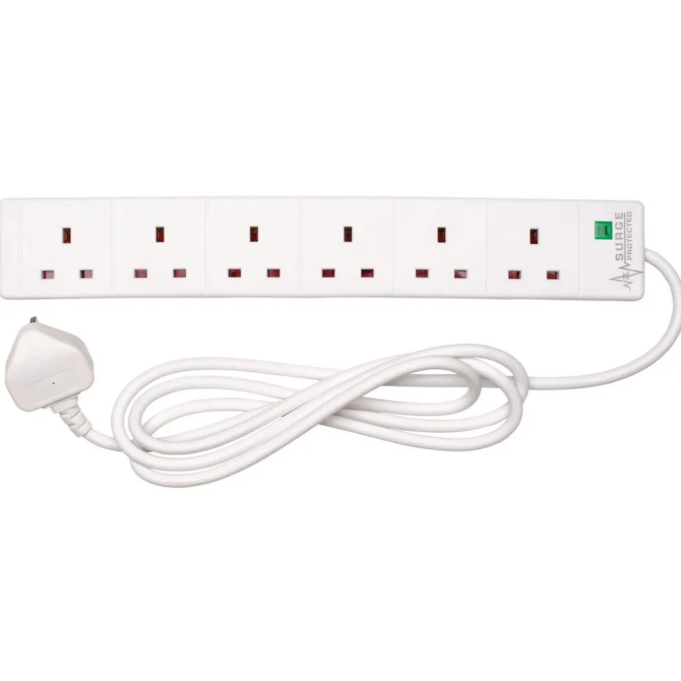 Six Socket Surge Protected Extension Lead with Neon Indicator, 2m