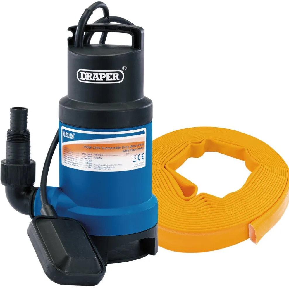 Submersible Dirty Water Pump Kit with Layflat Hose & Adaptor, 200L/Min, 10m x 25mm, 350W