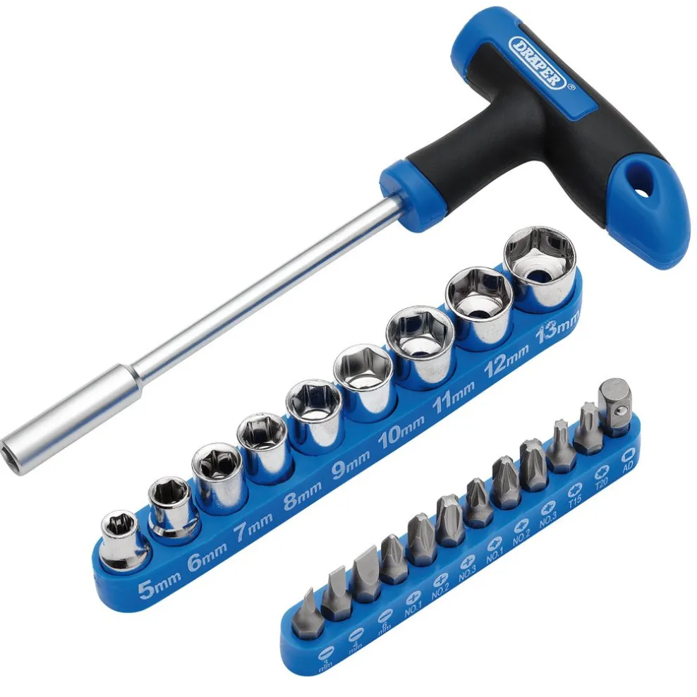 T-Handle Screwdriver, Socket and Bit Set, 1/4" Sq. Dr. (22 Piece)