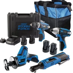 12V Drill, Drive and Cut Interchange Kit, 4 x 1.5Ah Li-ion Batteries, 1 x Fast Charger and 1 x Tool Bag