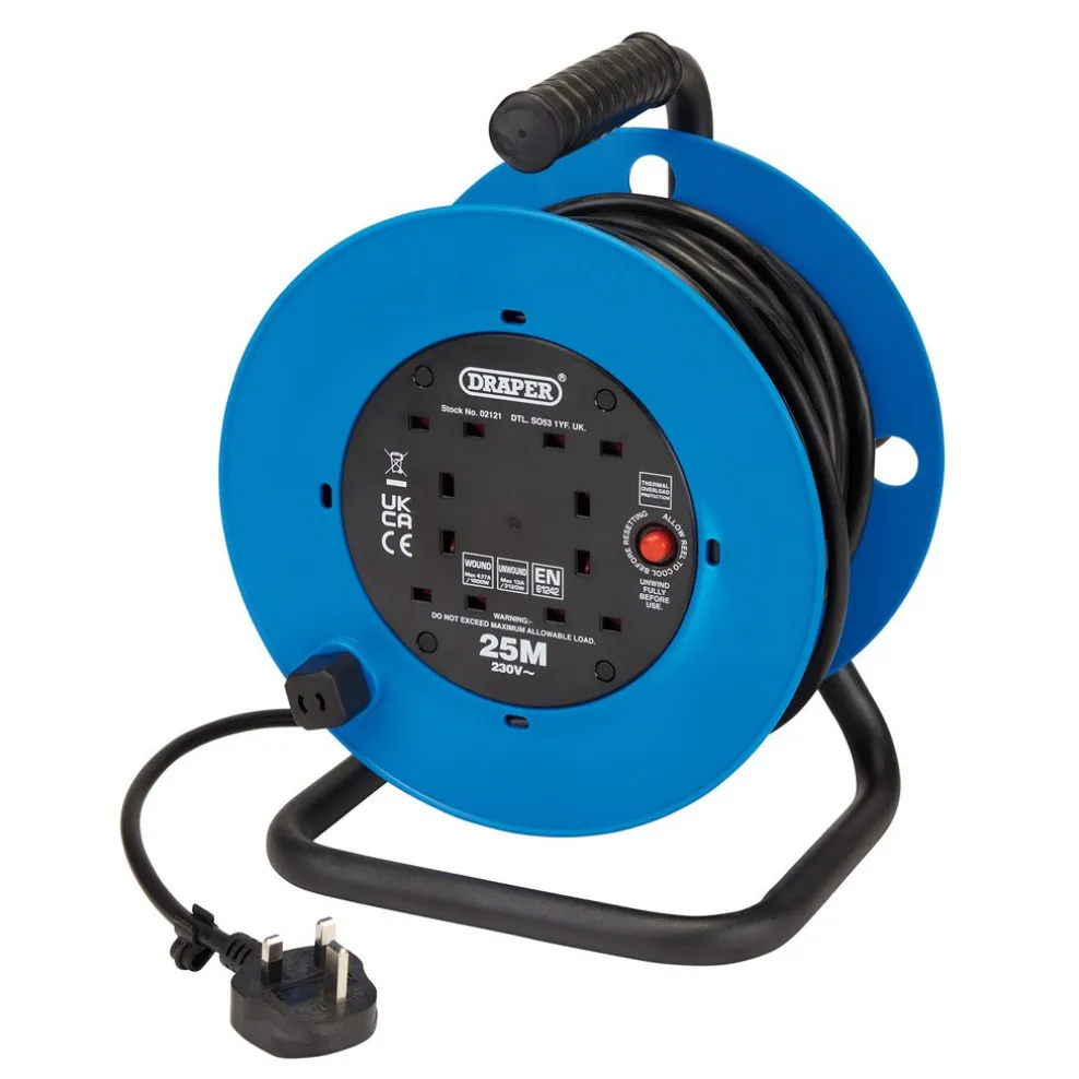 230V Four Socket Industrial Cable Reel, 25m