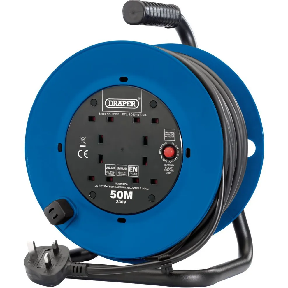 230V Four Socket Industrial Cable Reel, 50m