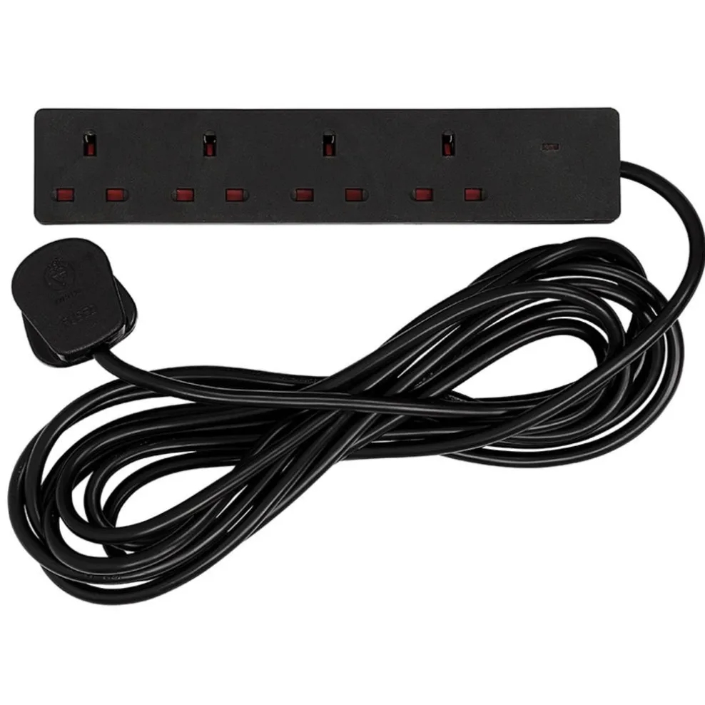 4 Way Black Extension Lead, 5m
