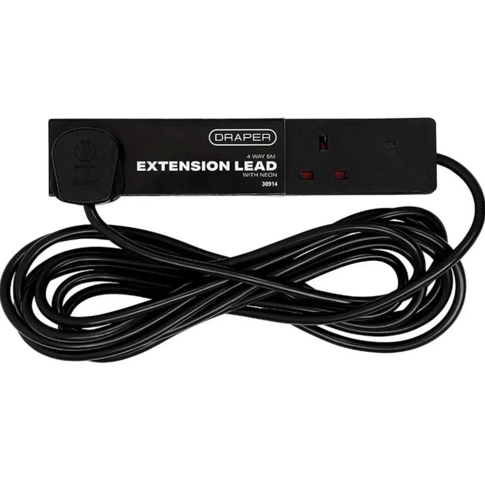 4 Way Black Extension Lead, 5m