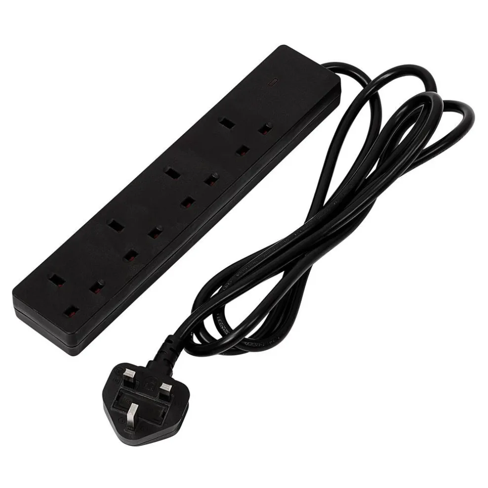 4 Way Black Extension Lead, 2m