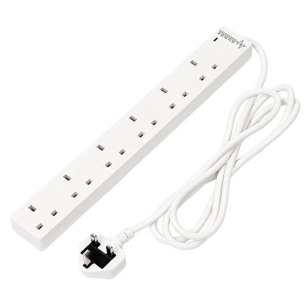 6 Way White Extension Lead, 2m