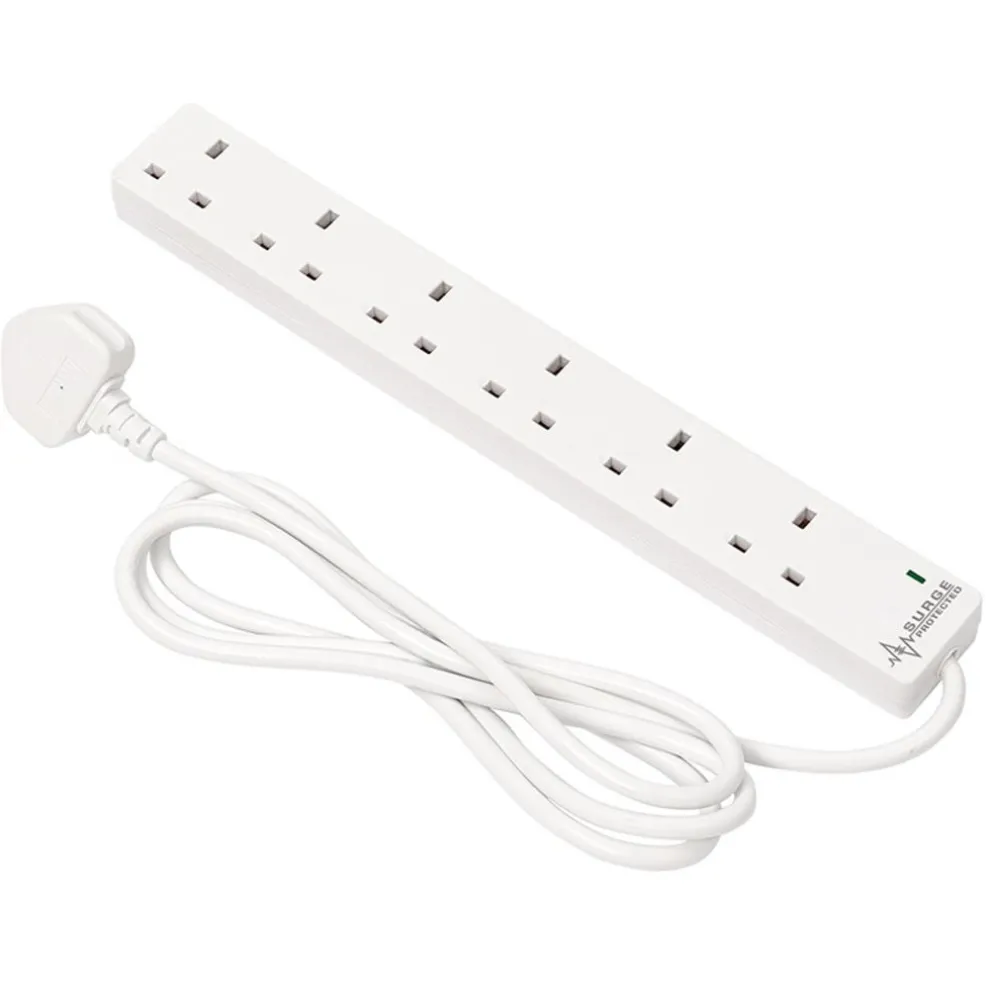 6 Way White Extension Lead, 2m