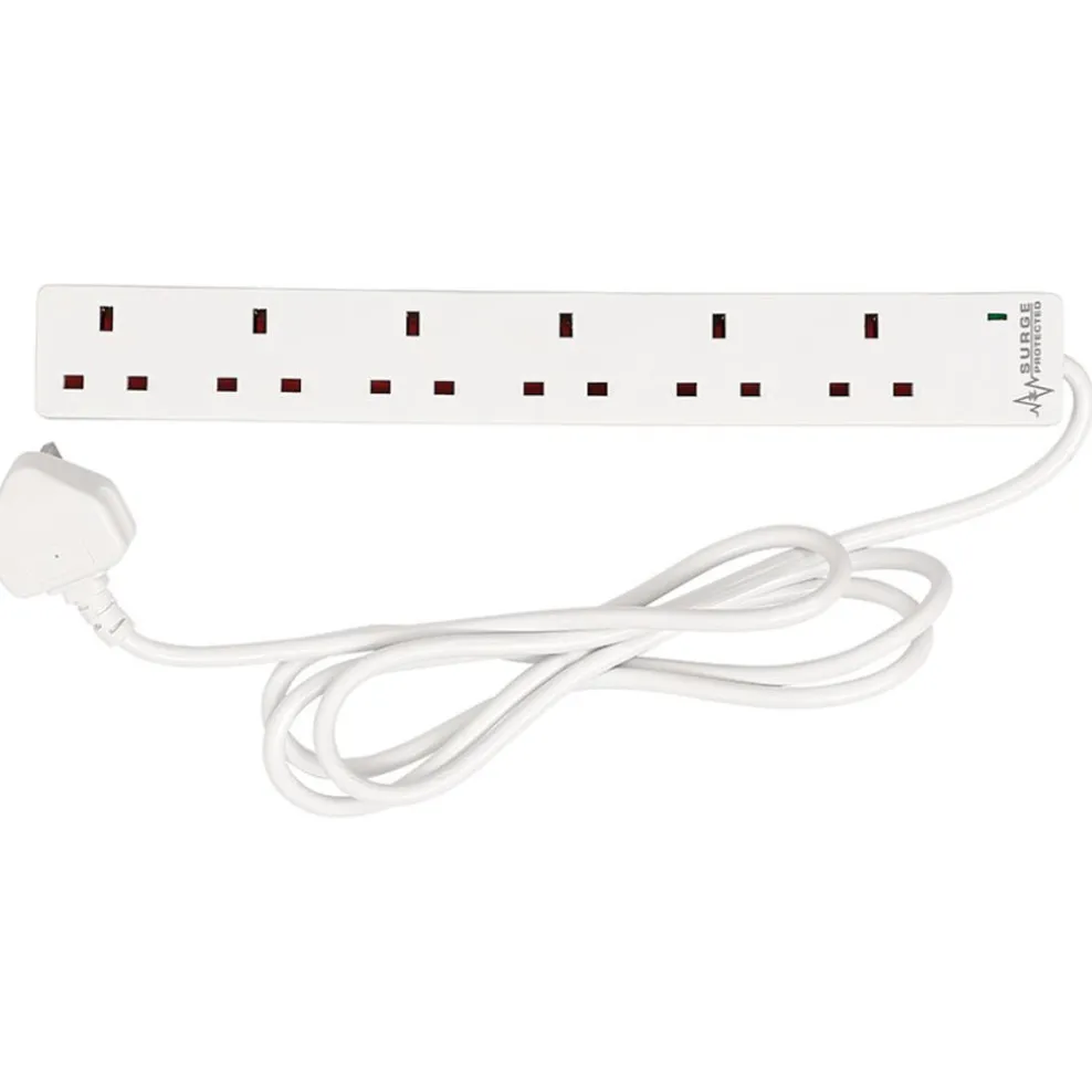 6 Way White Extension Lead, 2m