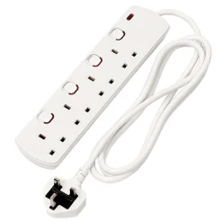 4 Way White Switch Protected Extension Lead, 2m