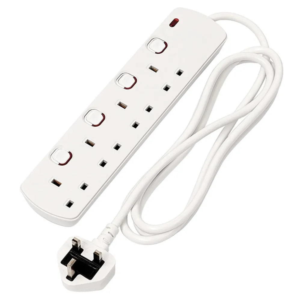 4 Way White Switch Protected Extension Lead, 2m